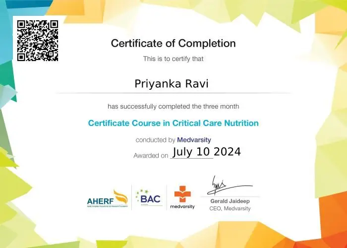 Certificate Course in Critical Care Nutrition awarded to Priyanka Ravi