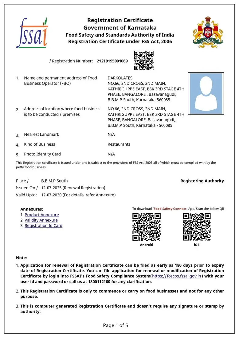 FSSAI food business registration certificate