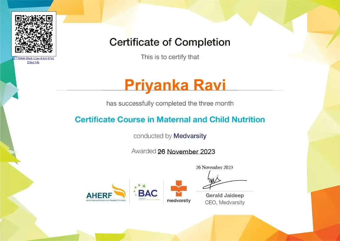 Certificate Course in Maternal and Child Nutrition awarded to Priyanka Ravi