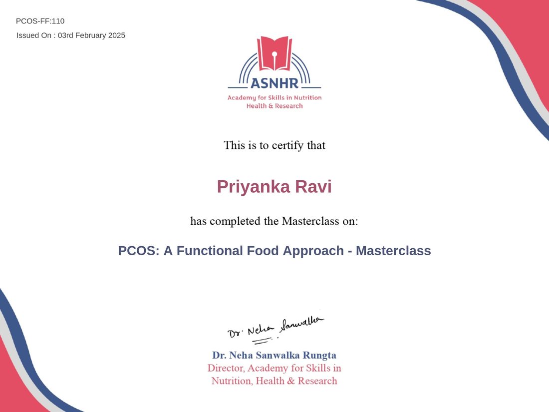 PCOS Functional Food Approach masterclass certificate awarded to Priyanka Ravi